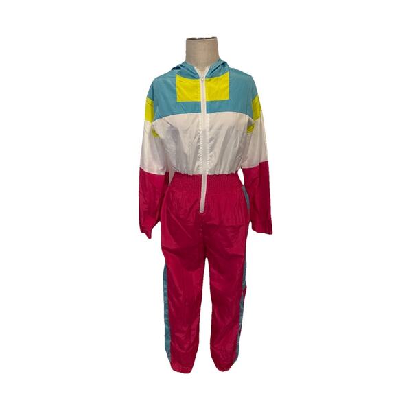 Retro 80s Style Colorblock Windbreaker Tracksuit Small | Pink Teal Yellow Hooded - Picture 1 of 8